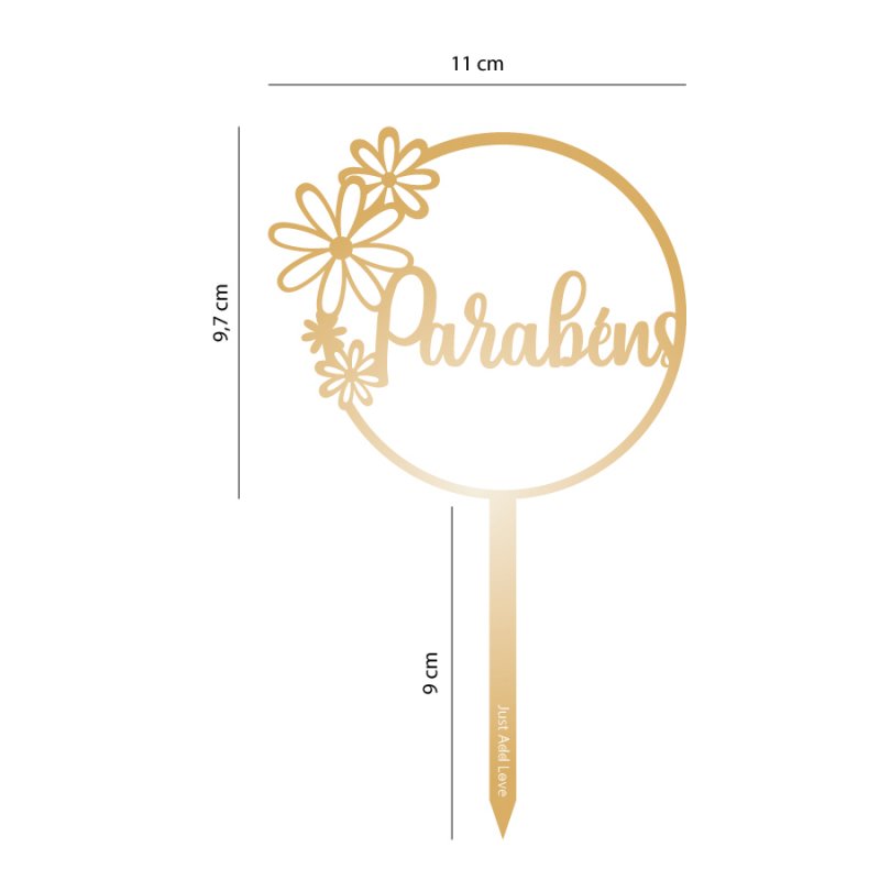 Topo de Bolo Parabéns Dourado Flores Topo de Bolo Parabéns Dourado Flores