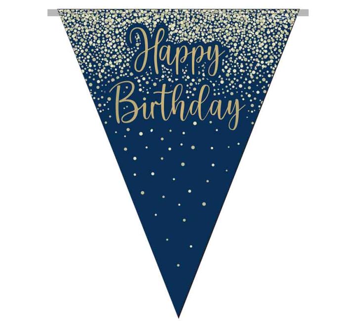 Bandeirolas Happy Birthday Azul e Dourado