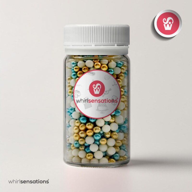 Mix Pérolas Açúcar Azul, Dourado e Branco - 75g Mix Pérolas Açúcar Azul, Dourado e Branco - 75g