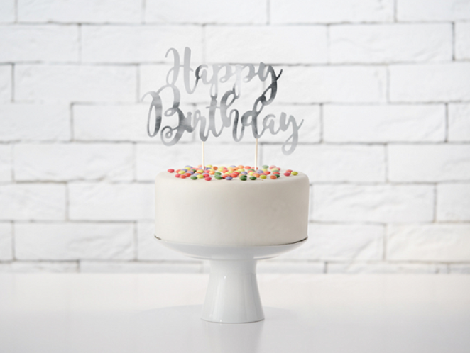 Topo de Bolo Happy Birthday Prateado Topo de Bolo Happy Birthday Prateado