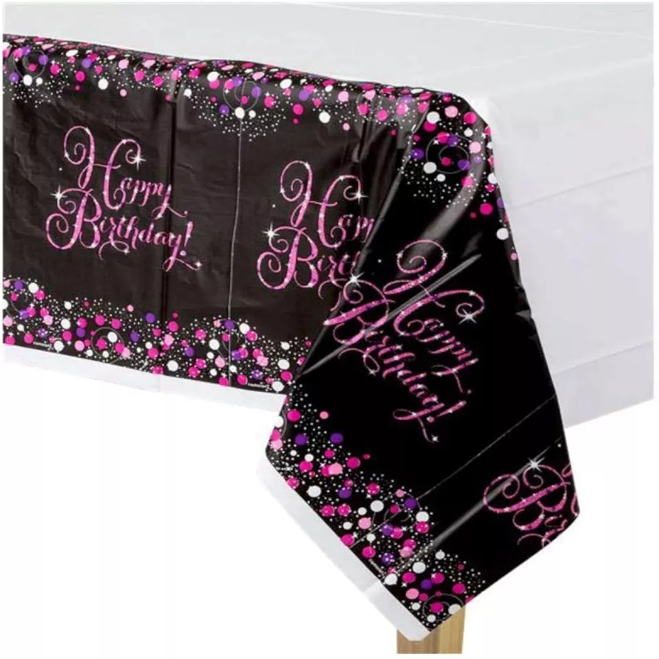 Toalha de Mesa Happy Birthday Preto e Rosa Toalha de Mesa Happy Birthday Preto e Rosa